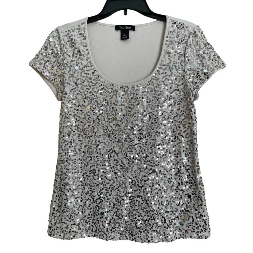 White House Black Market Cream with Silver Sequins Top Sz Small